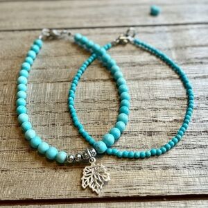 Set of 2 Turquoise Beaded & Sterling Silver Maple Leaf Charm Bracelets